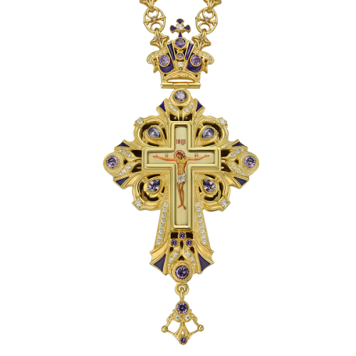 2.10.0098лп-2/44лп Крест наперсный латунный в позолоте со вставками и цепью 2.10.0098лп-2/44лп Крест наперсный латунный в позолоте со вставками и цепью