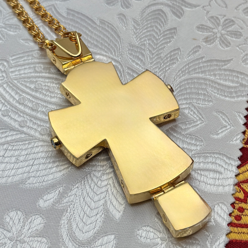 2.10.0408лф/1лп Крест наперсный с фрагментарной позолотой и голубыми фианитами фото 4