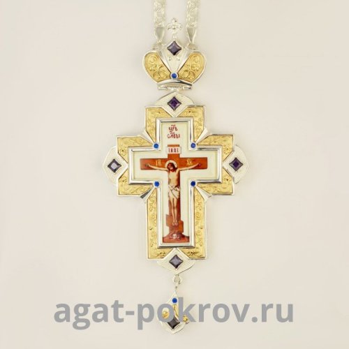 2.10.0342лф-2/1л Крест латунный с фраг. позолотой, деколем и цепью