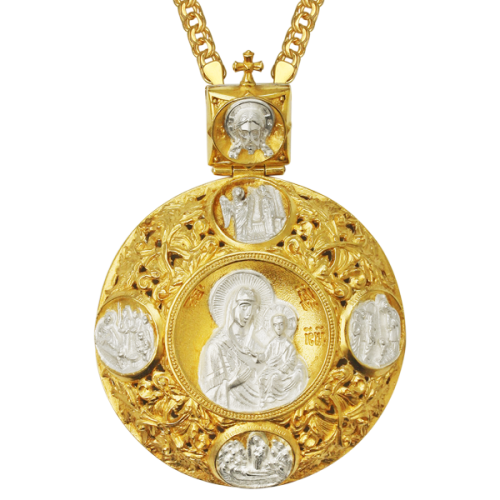 2.7.0703лф/1лп Панагия латунная с литьевым образом, фрагментальной позолотой и с цепью 2.7.0201лп