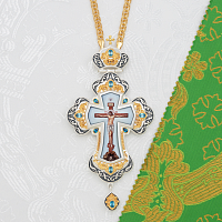 2.10.0390лфр-2/1лп Крест латунный с голубыми камнями в серебрении и фрагментальной позолотой