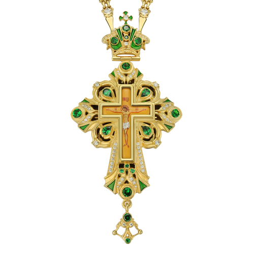 2.10.0098лп-2/52лп Крест наперсный латунный в позолоте со вставками и цепью 2.10.0098лп-2/52лп Крест наперсный латунный в позолоте со вставками и цепью