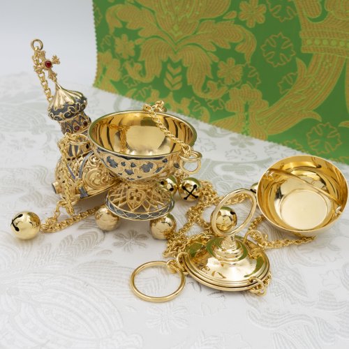 2.7.1163лпр Кадило латунное с красными камнями в позолоте фото 4