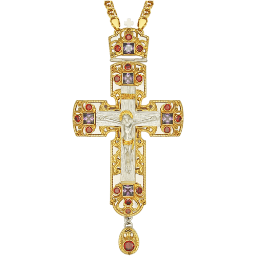 2.10.0152лф/1лп Крест латунный со вставками и фрагментальной позолотой с цепью