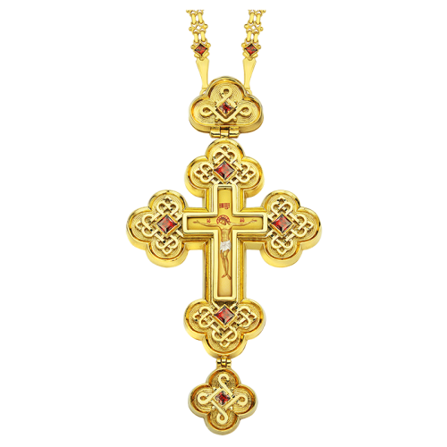 2.10.0071лп-2/52лп Крест наперсный латунный в позолоте, со вставками и цепью