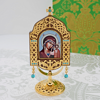 2.77.0186лп-4 Икона настольная из дерева и ювелирного сплава на ножке с голубыми камнями в позолоте