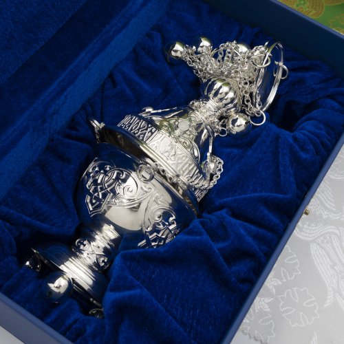 2.7.2618л Кадило латунное с белыми камнями в серебрении фото 2 2.7.2618л Кадило латунное с белыми камнями в серебрении фото 2