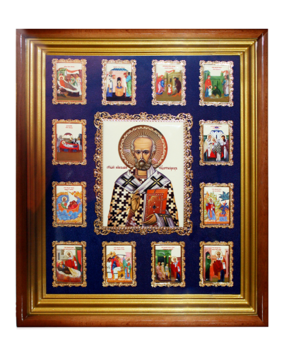 2.14.0156лп Икона настенная латунная - святитель Николай Чудотворец с житием.