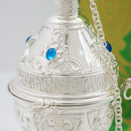 2.7.2618л Кадило латунное с голубыми камнями в серебрении фото 6 2.7.2618л Кадило латунное с голубыми камнями в серебрении фото 6