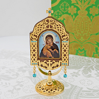 2.77.0186лп-25 Икона настольная из дерева и ювелирного сплава на ножке с голубыми камнями в позолоте