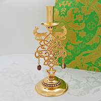 2.7.2872лп-М Подсвечник напрестольный латунный с красными камнями и эмалью в позолоте