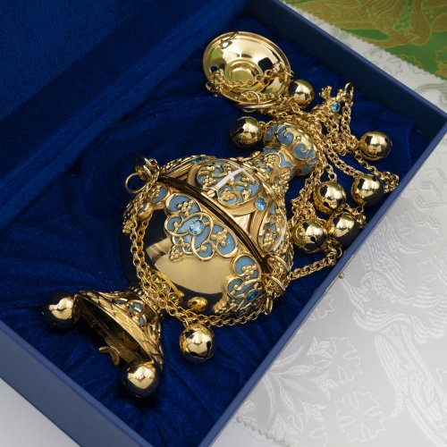 2.7.1280лпэ Кадило латунное с голубыми камнями в позолоте фото 6