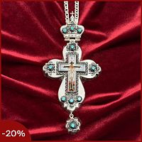 2.10.0461лр-2/1л Наперсный латунный крест с голубыми камнями и патинированием в серебрении