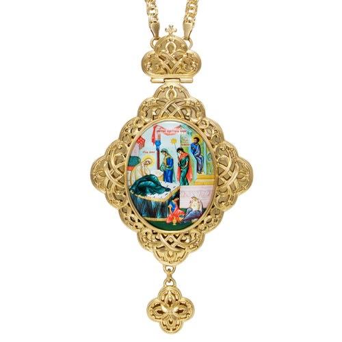 2.7.0670лп-2/1лп Панагия латунная в позолоте со вставками и цепью