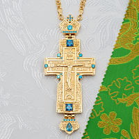 2.10.0545лп/1лп Крест наперсный латунный с голубыми камнями в позолоте