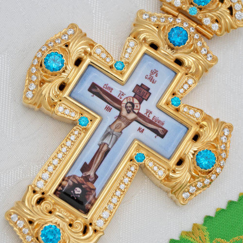 2.10.0359лп-2/1лп Крест латунный с голубыми камнями в позолоте фото 6 2.10.0359лп-2/1лп Крест латунный с голубыми камнями в позолоте фото 6
