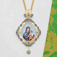 2.7.1616лфр-2/1лп Панагия латунная с голубыми камнями в серебрении и фрагментальной позолоте