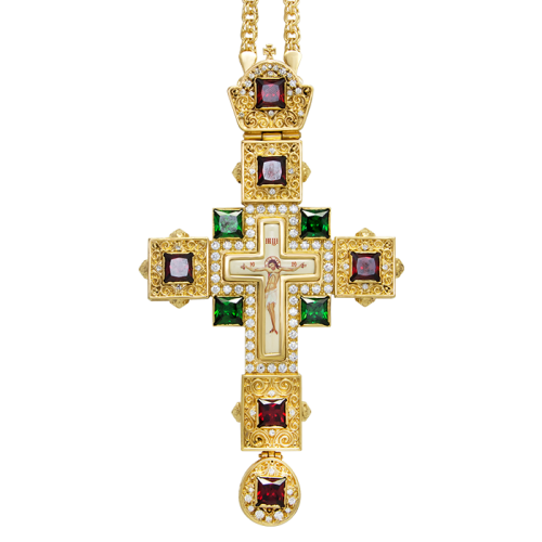 2.10.0099лп-2/1лп Крест наперсный латунный в позолоте со вставками и цепью