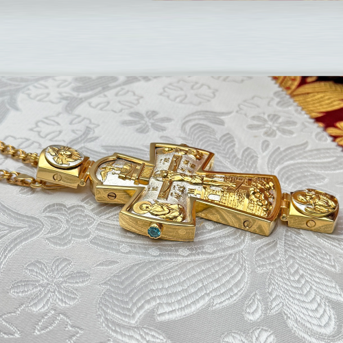 2.10.0408лф/1лп Крест наперсный с фрагментарной позолотой и голубыми фианитами фото 7