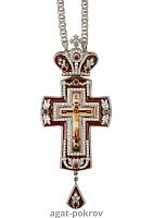 2.10.0464лэ-2/1л Наперсный латунный крест с красными камнями и эмалью в серебрении