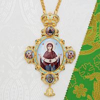 2.7.2005лп-2/1лп Панагия латунная с голубыми камнями в позолоте с цепью