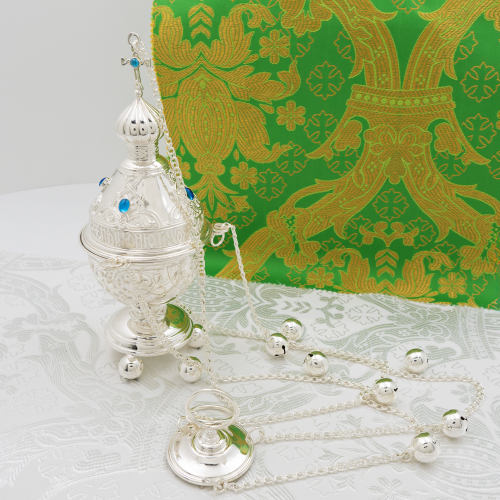 2.7.2618л Кадило латунное с голубыми камнями в серебрении 2.7.2618л Кадило латунное с голубыми камнями в серебрении