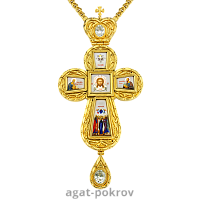 2.10.0021лп-2/1лп Крест латунный наперсный Спас Нерукотворный в позолоте с цепью