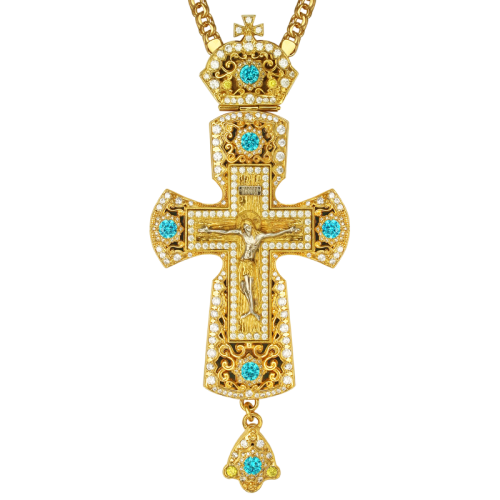 2.10.0159лп/1лп Крест латунный в позолоте со вставками, литьевым распятием и цепью