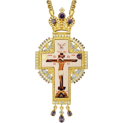 2.10.0080лп-2/1лп Крест латунный церковный в позолоте со вставками и цепью 2.10.0080лп-2/1лп Крест латунный церковный в позолоте со вставками и цепью