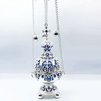 2.7.1280лэ Кадило латунное с голубыми камнями в серебрении