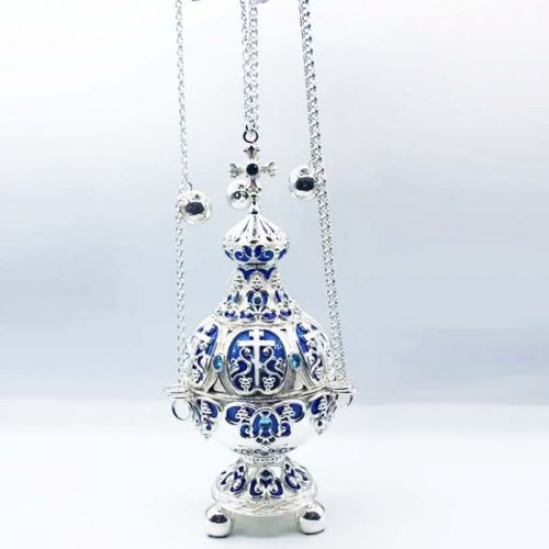 2.7.1280лэ Кадило латунное с голубыми камнями в серебрении 2.7.1280лэ Кадило латунное с голубыми камнями в серебрении